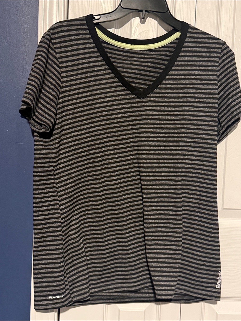 Reebok Black and Gray Striped V-Neck Tee with Neon Accent